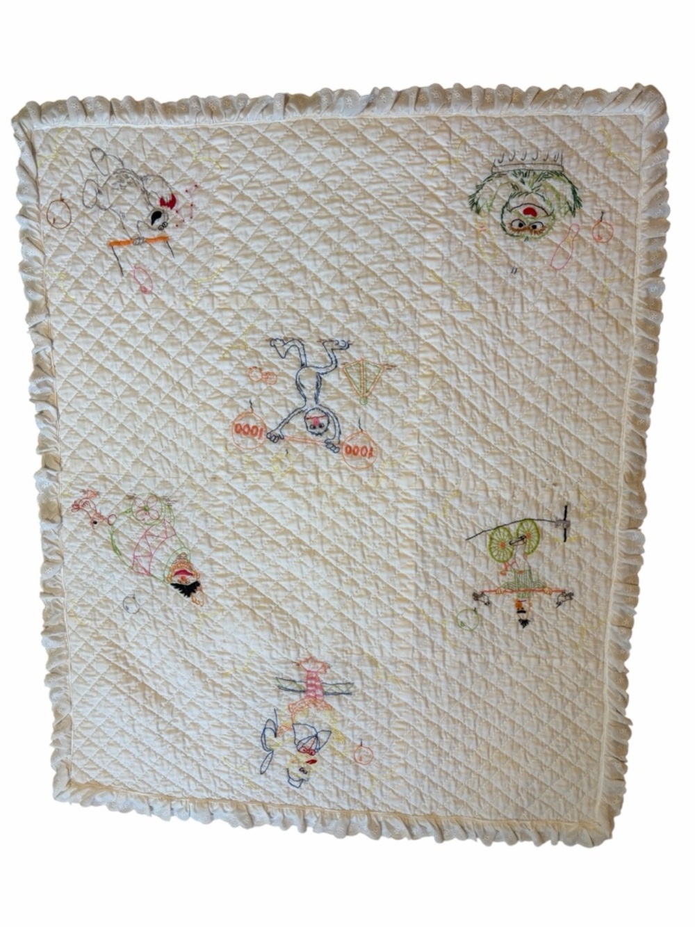 Vintage Sesame Street Embroidered Baby Blanket Cream Quilted Nursery Throw
